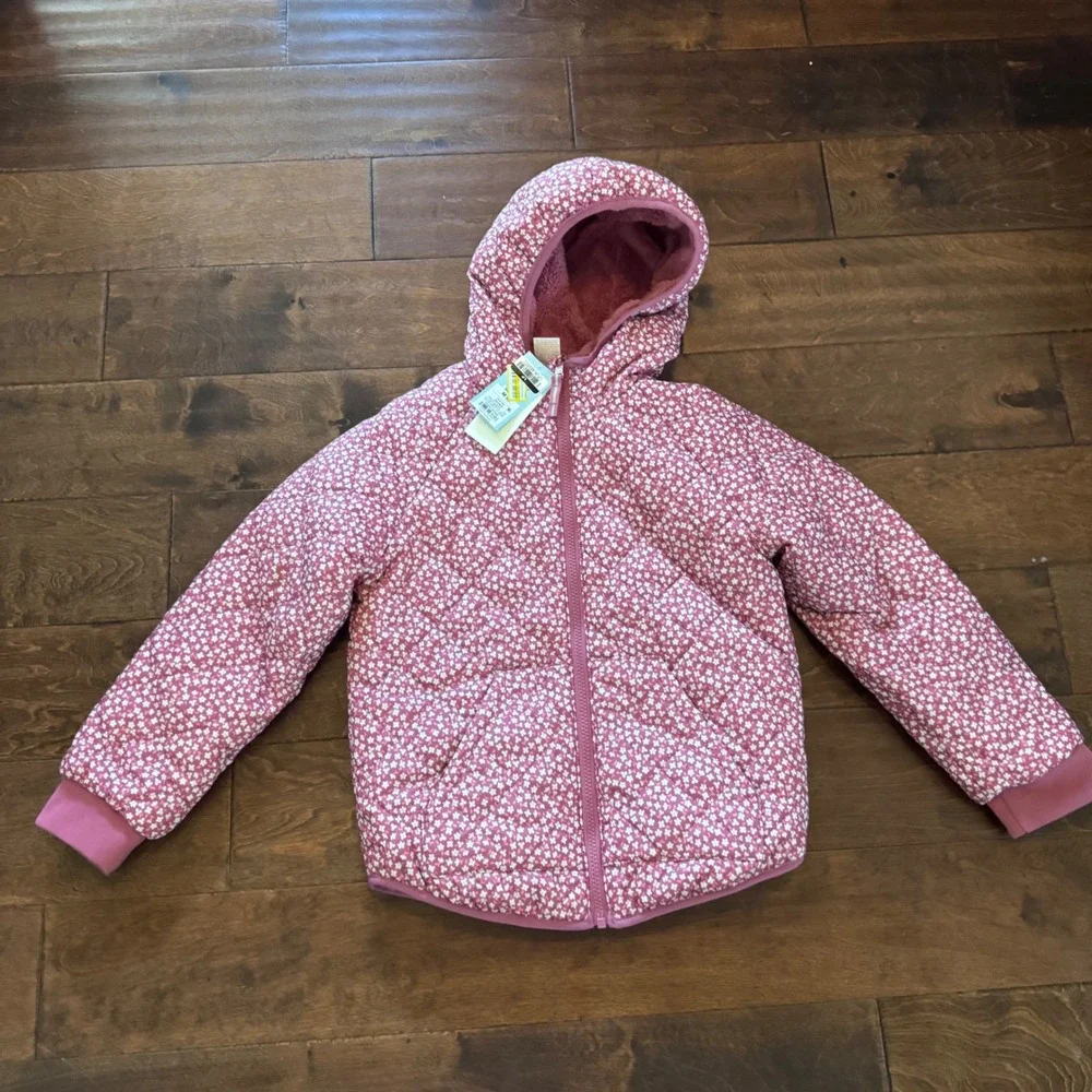 Cat & Jack Girls Reversible Floral Puffer Jacket Pink Faux Fur Hooded Coat M 8